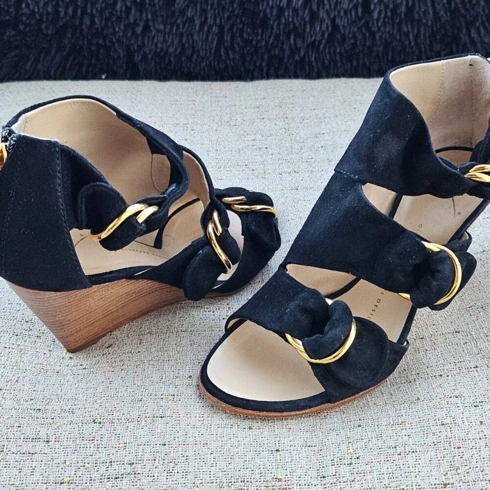 Giuseppe Zanotti Women Shoes Black Suede Leather Wedge Heel Italy Size 37